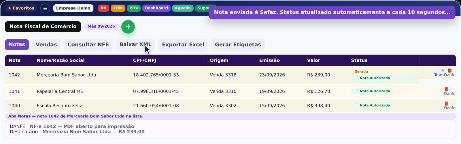 Lista de notas no Frenty com a NF-e autorizada pela Sefaz e os botões de DANFE e XML
