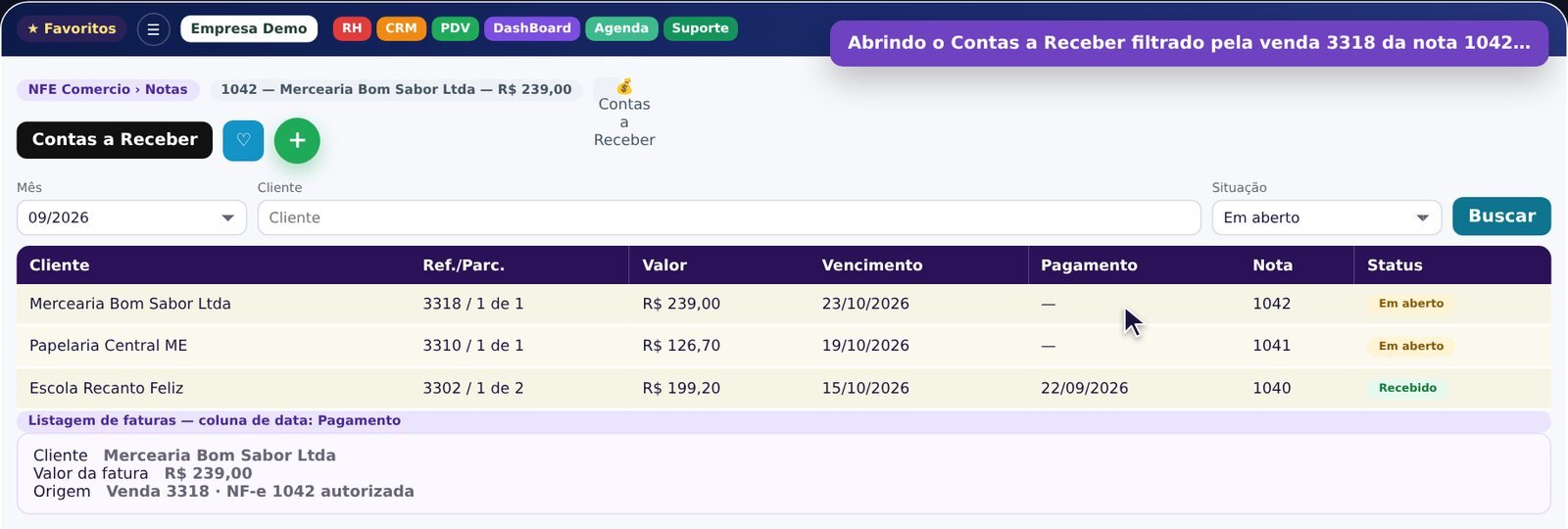 Contas a receber do Frenty com a fatura da venda e o número da NF-e autorizada