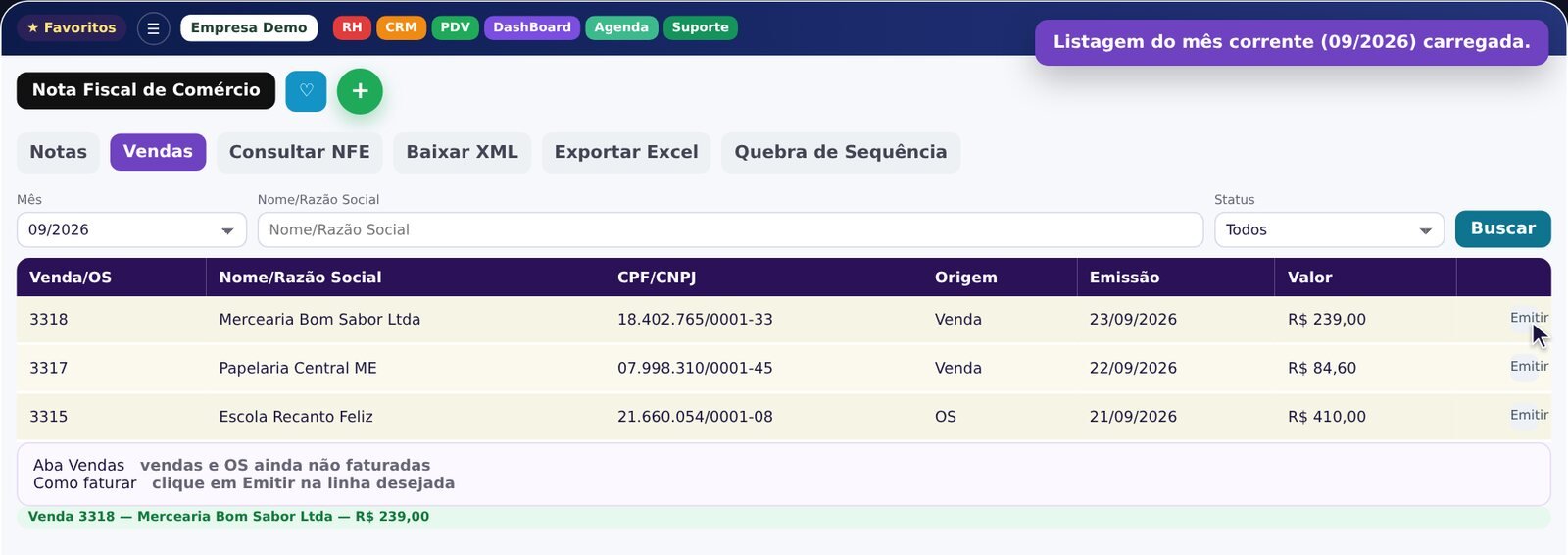 Lista de vendas e ordens de serviço ainda não faturadas no Frenty, com o botão Emitir em cada linha