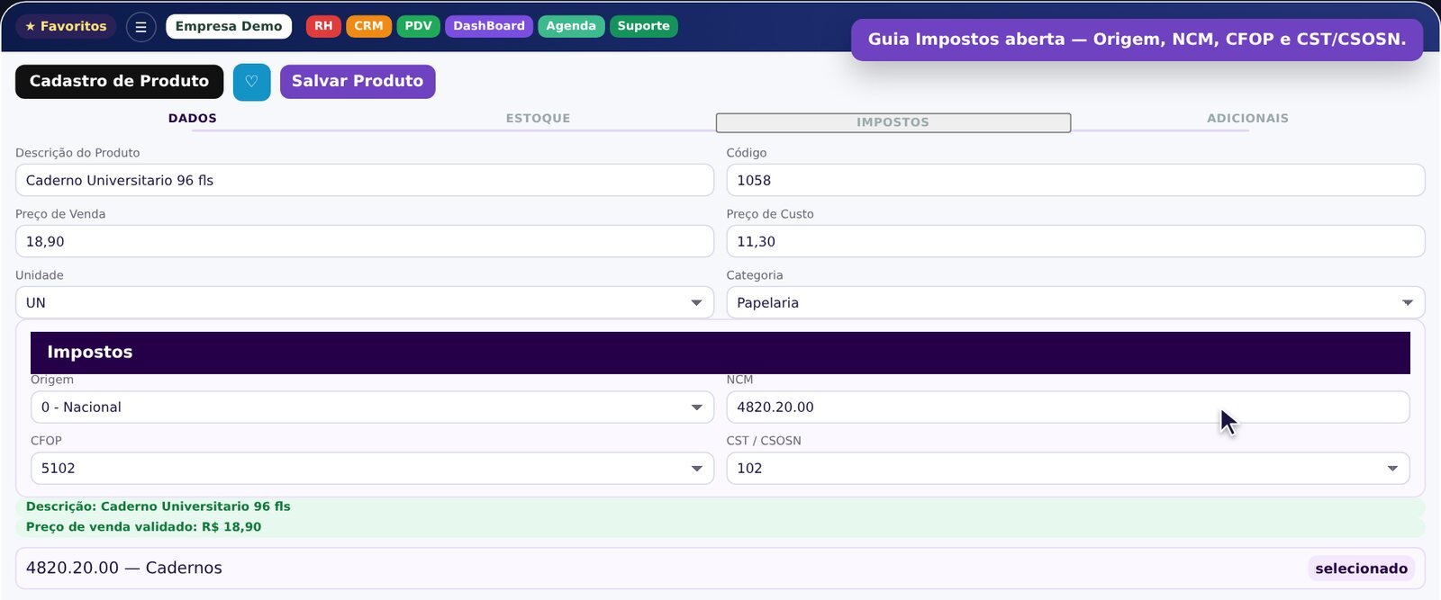 Cadastro de produto no Frenty com origem, NCM, CFOP e CST/CSOSN preenchidos